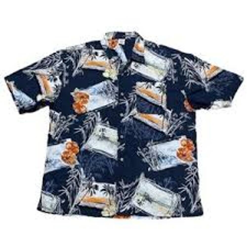 Men's Third Coast Navy Hawaiian  Short Sleeve Button Down Shirt Large